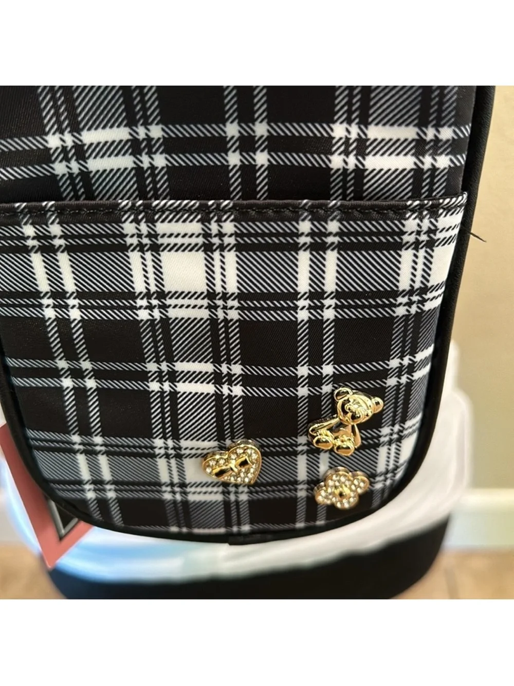 Plaid Black Crossbody Bag with Gold Accents New